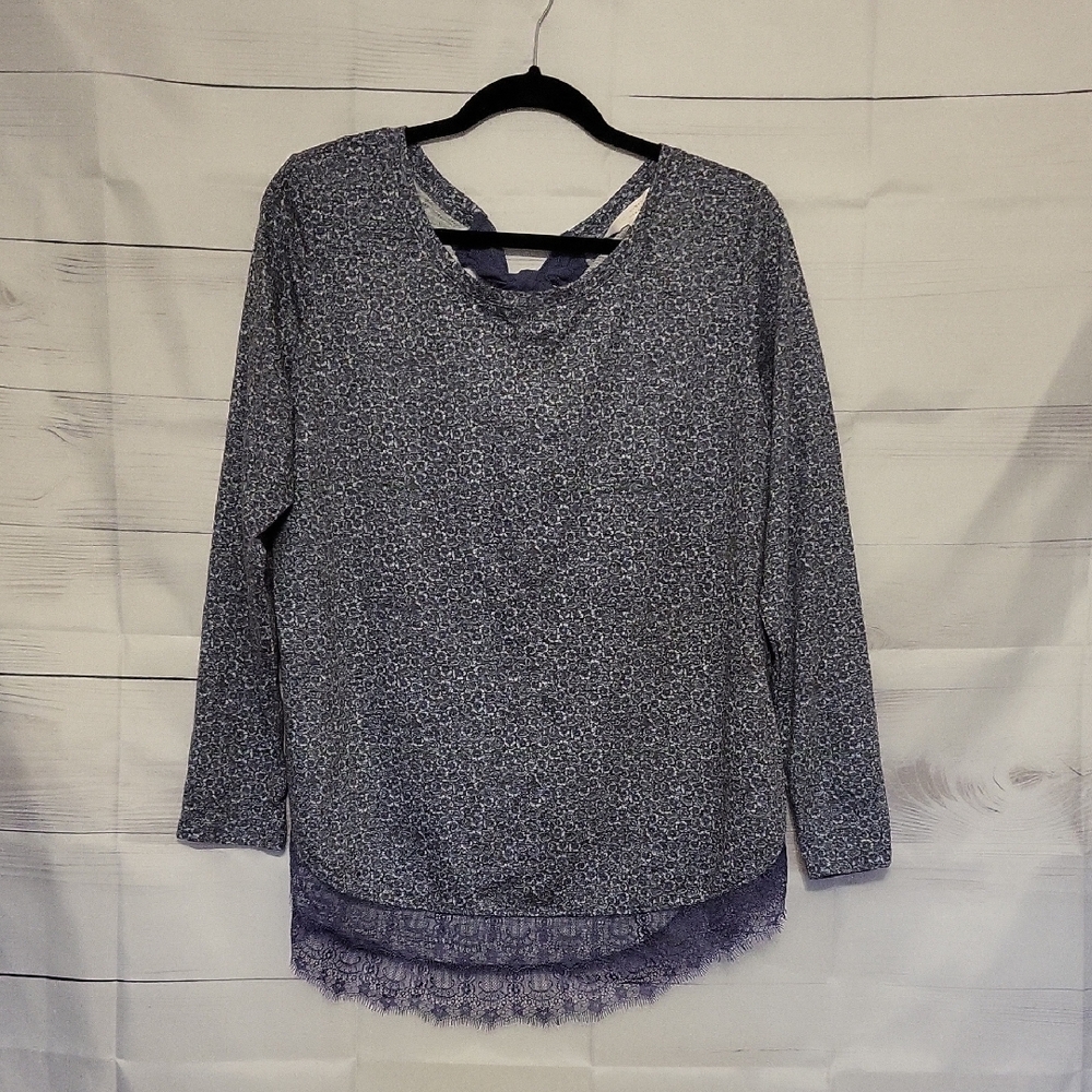 LC Lauren Conrad Floral Lace Hem Blouse - Blue